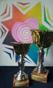 Two Toastmasters Evaluation Contest Trophies